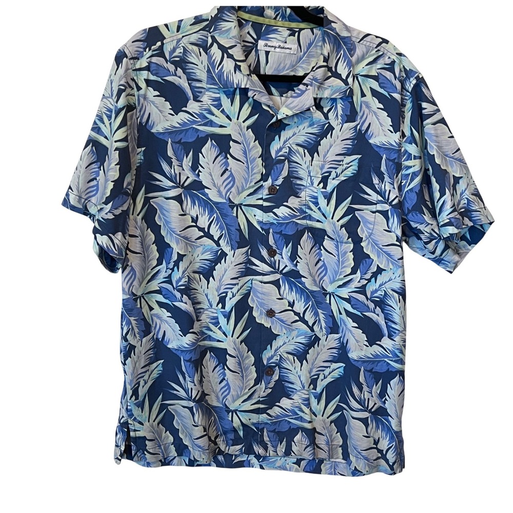 Tommy Bahama Mens Blue Tropical Leaf Print Silk Coolmax Camp Shirt Medium